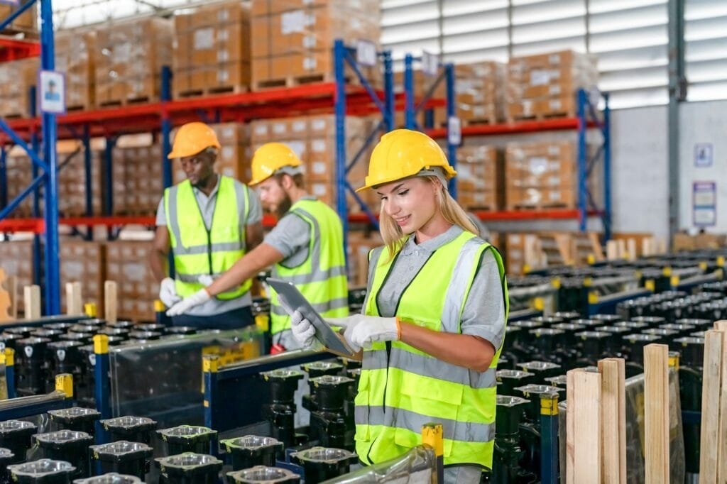 Warehouse workers checking inventory in a large distrubiton warehouse.